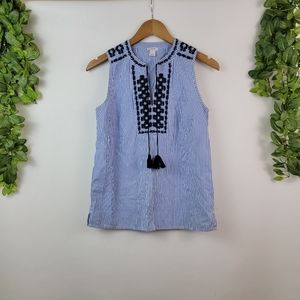 J. Crew Embroidered Blue White Sleeveless Striped Tassle Top Size 0